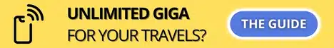 Banner with text 'Unlimited Giga for your travels?' and 'The Guide' button to learn how to get internet while traveling.