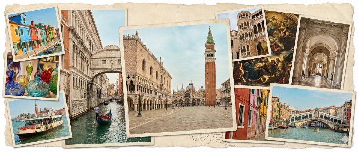 Collage delle principali attrazioni turistiche e monumenti storici da visitare a Venezia