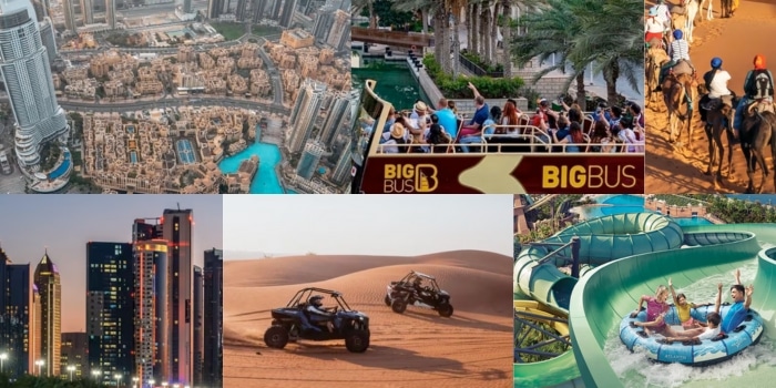 Collage fotografico con panoramica delle principali attrazioni di Dubai