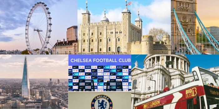 Collage di attrazioni turistiche principali di Londra, con London Eye, Tower Bridge, Torre di Londra e The Shard.