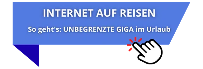 Hellblaues Banner mit Einladung zum Lesen des Leitfadens für Internet auf Reisen, um unbegrenzte Giga im Urlaub zu haben.