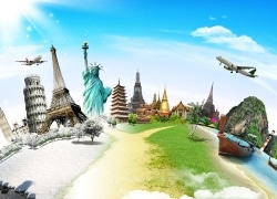 Illustrazione collage dei simboli turistici importanti di varie città del mondo